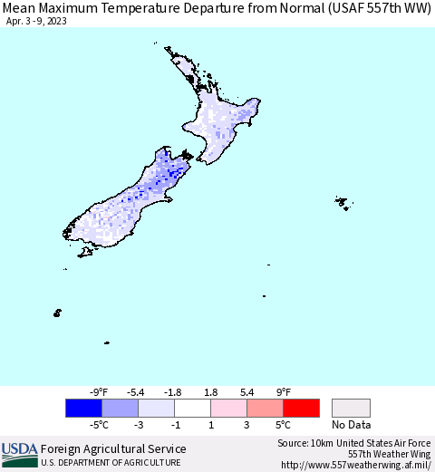 New Zealand Mean Maximum Temperature Departure from Normal (USAF 557th WW) Thematic Map For 4/3/2023 - 4/9/2023
