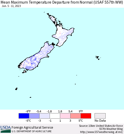 New Zealand Mean Maximum Temperature Departure from Normal (USAF 557th WW) Thematic Map For 6/5/2023 - 6/11/2023