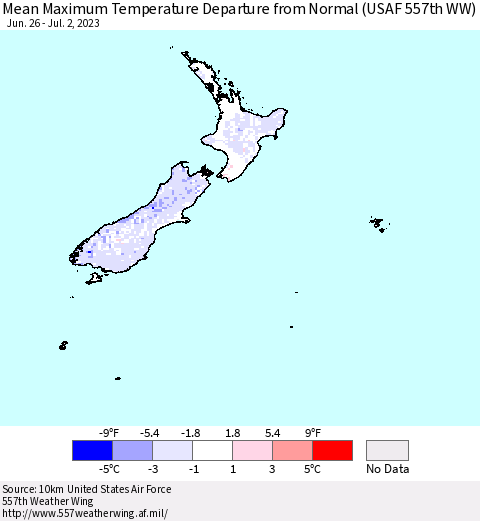 New Zealand Mean Maximum Temperature Departure from Normal (USAF 557th WW) Thematic Map For 6/26/2023 - 7/2/2023