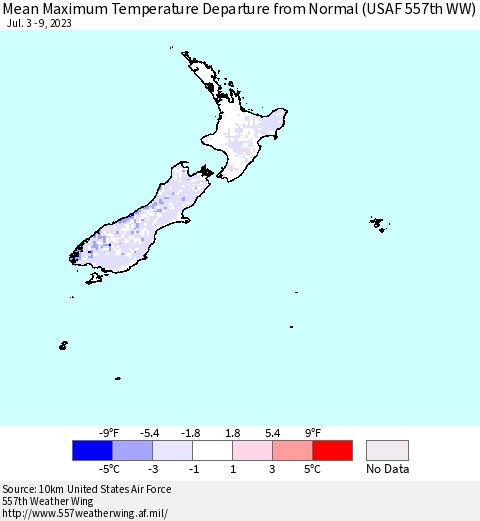 New Zealand Mean Maximum Temperature Departure from Normal (USAF 557th WW) Thematic Map For 7/3/2023 - 7/9/2023