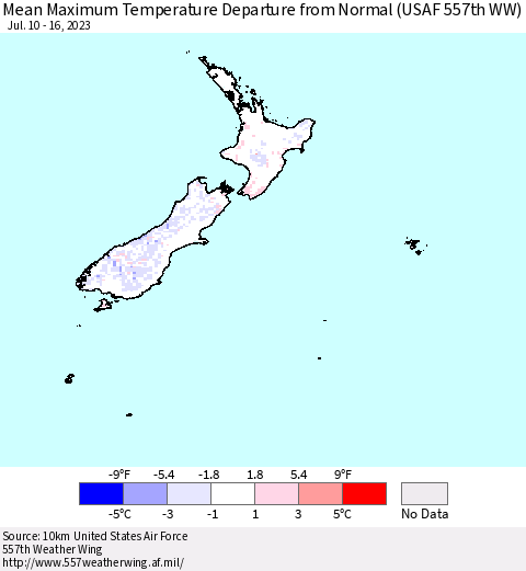 New Zealand Mean Maximum Temperature Departure from Normal (USAF 557th WW) Thematic Map For 7/10/2023 - 7/16/2023