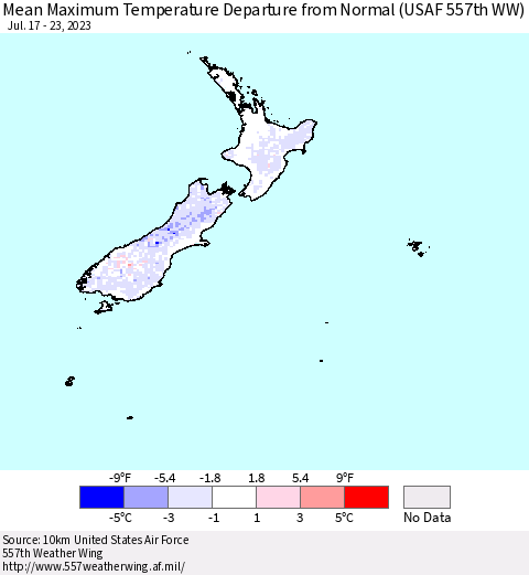 New Zealand Mean Maximum Temperature Departure from Normal (USAF 557th WW) Thematic Map For 7/17/2023 - 7/23/2023