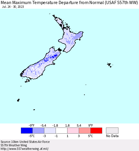 New Zealand Mean Maximum Temperature Departure from Normal (USAF 557th WW) Thematic Map For 7/24/2023 - 7/30/2023