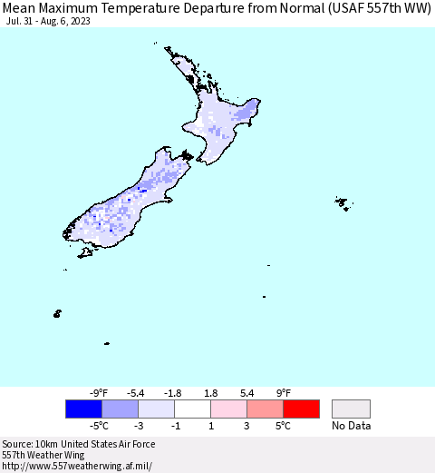 New Zealand Mean Maximum Temperature Departure from Normal (USAF 557th WW) Thematic Map For 7/31/2023 - 8/6/2023