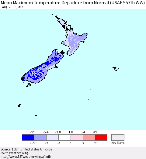 New Zealand Mean Maximum Temperature Departure from Normal (USAF 557th WW) Thematic Map For 8/7/2023 - 8/13/2023