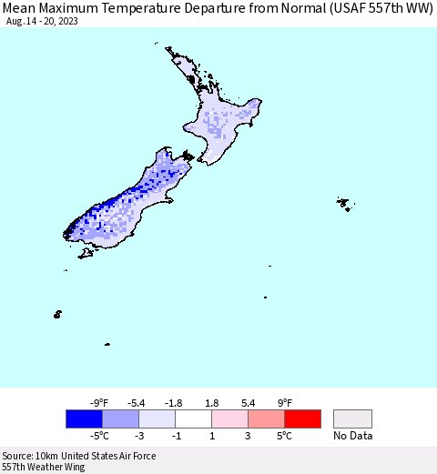 New Zealand Mean Maximum Temperature Departure from Normal (USAF 557th WW) Thematic Map For 8/14/2023 - 8/20/2023