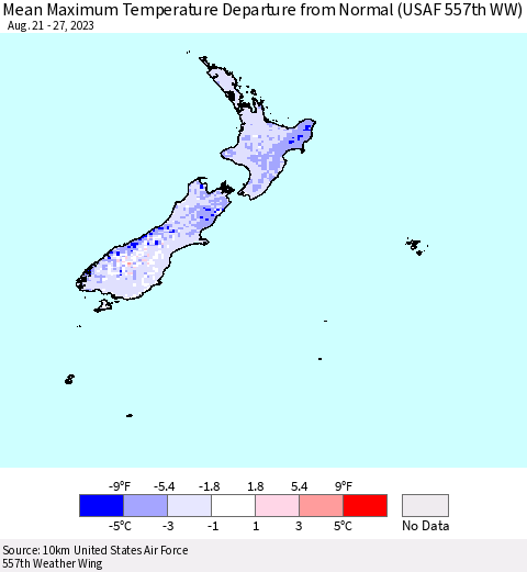 New Zealand Mean Maximum Temperature Departure from Normal (USAF 557th WW) Thematic Map For 8/21/2023 - 8/27/2023