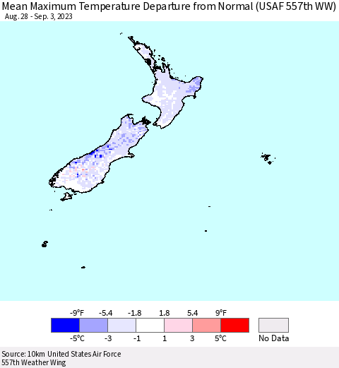 New Zealand Mean Maximum Temperature Departure from Normal (USAF 557th WW) Thematic Map For 8/28/2023 - 9/3/2023