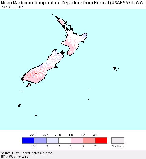 New Zealand Mean Maximum Temperature Departure from Normal (USAF 557th WW) Thematic Map For 9/4/2023 - 9/10/2023