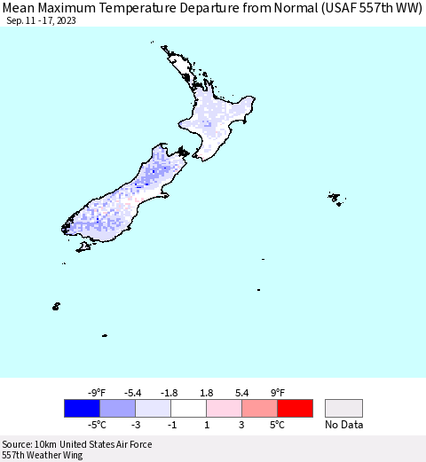 New Zealand Mean Maximum Temperature Departure from Normal (USAF 557th WW) Thematic Map For 9/11/2023 - 9/17/2023
