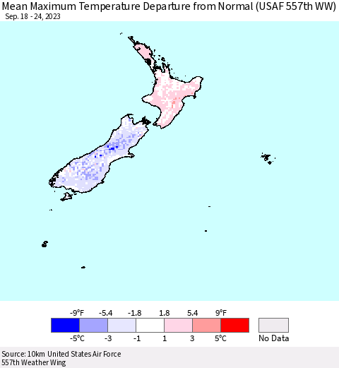 New Zealand Mean Maximum Temperature Departure from Normal (USAF 557th WW) Thematic Map For 9/18/2023 - 9/24/2023