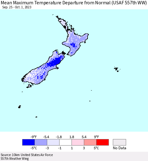 New Zealand Mean Maximum Temperature Departure from Normal (USAF 557th WW) Thematic Map For 9/25/2023 - 10/1/2023