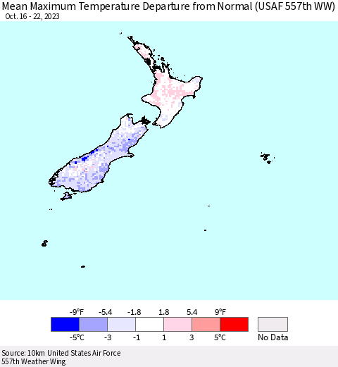 New Zealand Mean Maximum Temperature Departure from Normal (USAF 557th WW) Thematic Map For 10/16/2023 - 10/22/2023