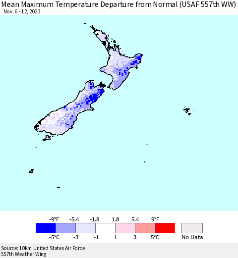 New Zealand Mean Maximum Temperature Departure from Normal (USAF 557th WW) Thematic Map For 11/6/2023 - 11/12/2023