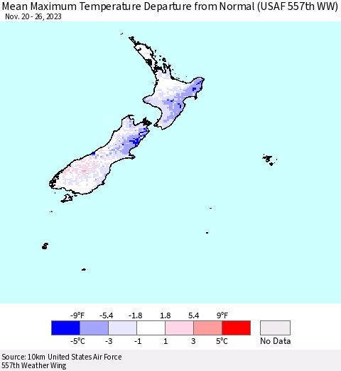 New Zealand Mean Maximum Temperature Departure from Normal (USAF 557th WW) Thematic Map For 11/20/2023 - 11/26/2023