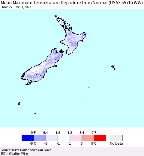 New Zealand Mean Maximum Temperature Departure from Normal (USAF 557th WW) Thematic Map For 11/27/2023 - 12/3/2023