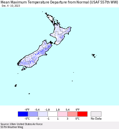 New Zealand Mean Maximum Temperature Departure from Normal (USAF 557th WW) Thematic Map For 12/4/2023 - 12/10/2023