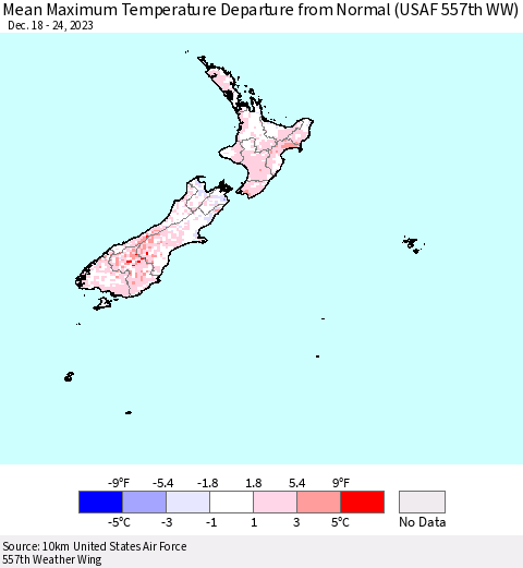 New Zealand Mean Maximum Temperature Departure from Normal (USAF 557th WW) Thematic Map For 12/18/2023 - 12/24/2023
