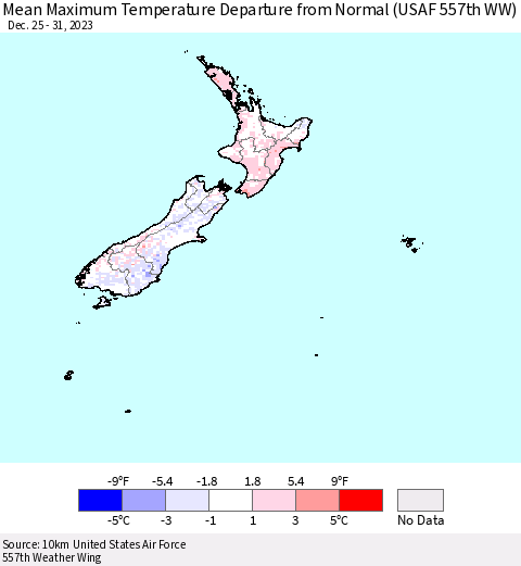New Zealand Mean Maximum Temperature Departure from Normal (USAF 557th WW) Thematic Map For 12/25/2023 - 12/31/2023