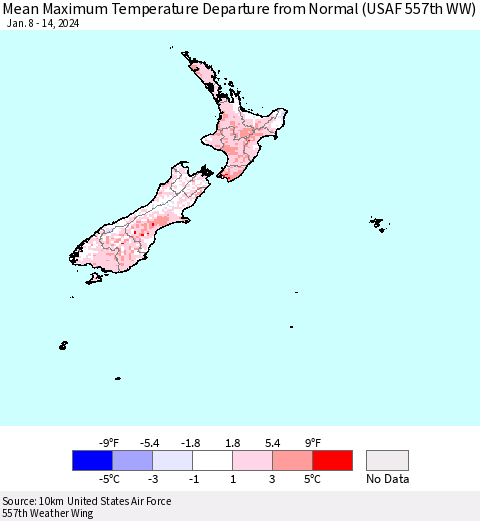 New Zealand Mean Maximum Temperature Departure from Normal (USAF 557th WW) Thematic Map For 1/8/2024 - 1/14/2024