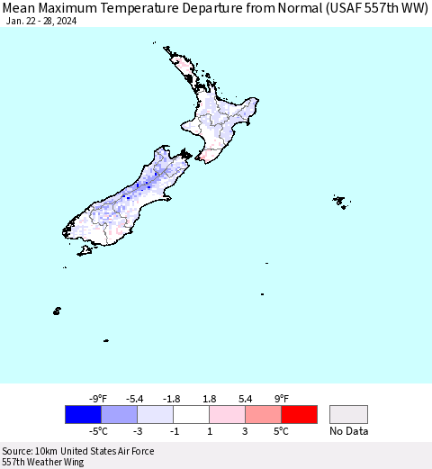 New Zealand Mean Maximum Temperature Departure from Normal (USAF 557th WW) Thematic Map For 1/22/2024 - 1/28/2024