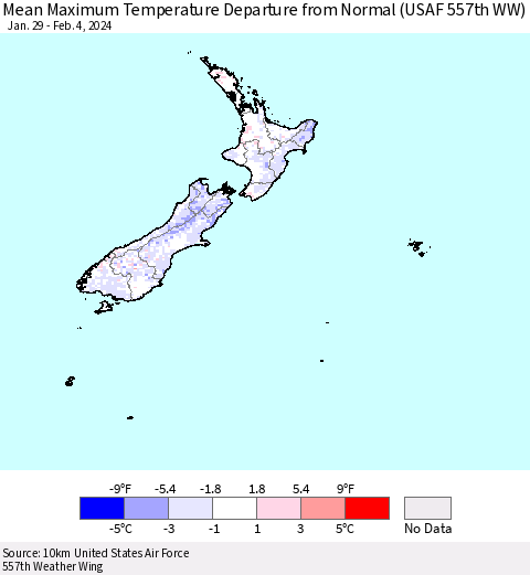 New Zealand Mean Maximum Temperature Departure from Normal (USAF 557th WW) Thematic Map For 1/29/2024 - 2/4/2024