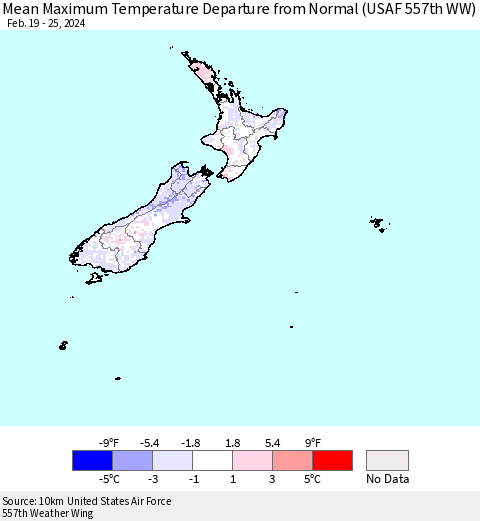New Zealand Mean Maximum Temperature Departure from Normal (USAF 557th WW) Thematic Map For 2/19/2024 - 2/25/2024