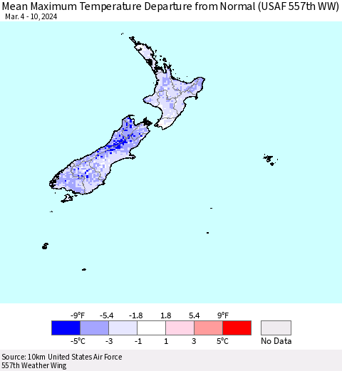 New Zealand Mean Maximum Temperature Departure from Normal (USAF 557th WW) Thematic Map For 3/4/2024 - 3/10/2024