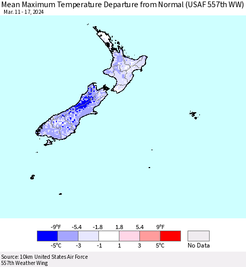 New Zealand Mean Maximum Temperature Departure from Normal (USAF 557th WW) Thematic Map For 3/11/2024 - 3/17/2024