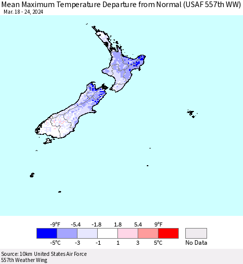 New Zealand Mean Maximum Temperature Departure from Normal (USAF 557th WW) Thematic Map For 3/18/2024 - 3/24/2024