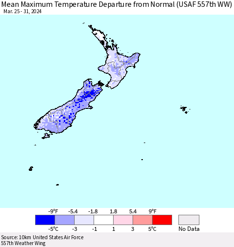 New Zealand Mean Maximum Temperature Departure from Normal (USAF 557th WW) Thematic Map For 3/25/2024 - 3/31/2024