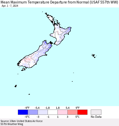 New Zealand Mean Maximum Temperature Departure from Normal (USAF 557th WW) Thematic Map For 4/1/2024 - 4/7/2024
