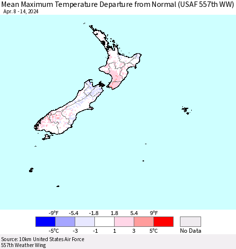 New Zealand Mean Maximum Temperature Departure from Normal (USAF 557th WW) Thematic Map For 4/8/2024 - 4/14/2024