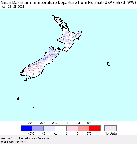 New Zealand Mean Maximum Temperature Departure from Normal (USAF 557th WW) Thematic Map For 4/15/2024 - 4/21/2024