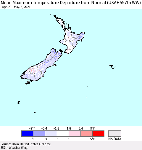 New Zealand Mean Maximum Temperature Departure from Normal (USAF 557th WW) Thematic Map For 4/29/2024 - 5/5/2024