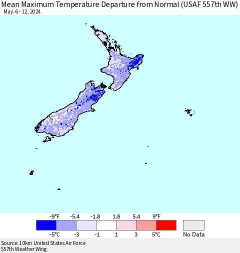 New Zealand Mean Maximum Temperature Departure from Normal (USAF 557th WW) Thematic Map For 5/6/2024 - 5/12/2024