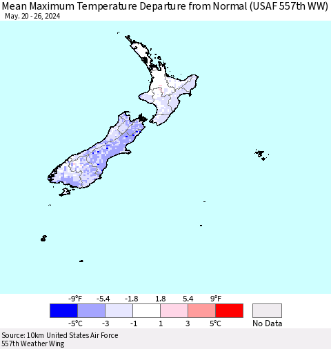 New Zealand Mean Maximum Temperature Departure from Normal (USAF 557th WW) Thematic Map For 5/20/2024 - 5/26/2024