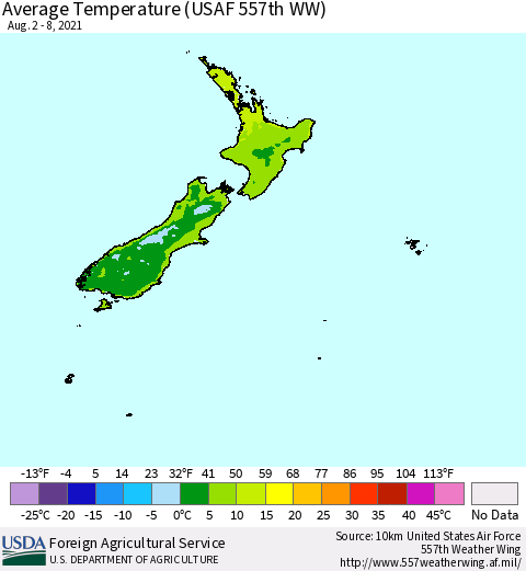 New Zealand Average Temperature (USAF 557th WW) Thematic Map For 8/2/2021 - 8/8/2021
