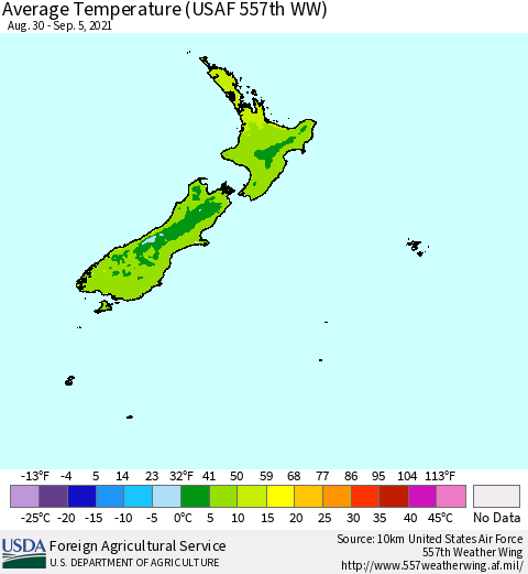 New Zealand Average Temperature (USAF 557th WW) Thematic Map For 8/30/2021 - 9/5/2021