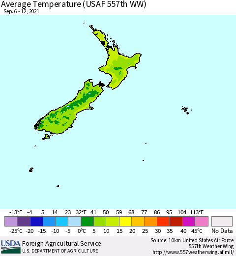 New Zealand Average Temperature (USAF 557th WW) Thematic Map For 9/6/2021 - 9/12/2021