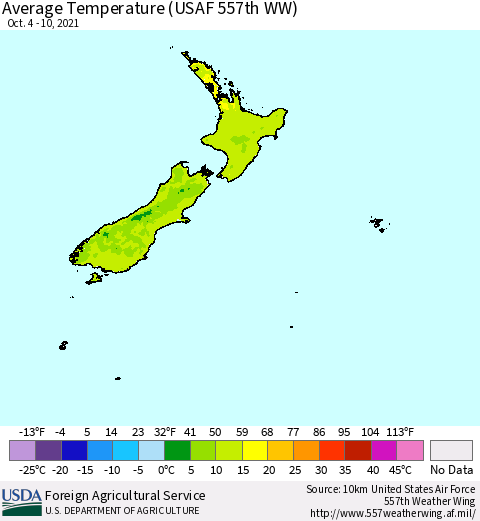 New Zealand Average Temperature (USAF 557th WW) Thematic Map For 10/4/2021 - 10/10/2021