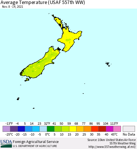 New Zealand Average Temperature (USAF 557th WW) Thematic Map For 11/8/2021 - 11/14/2021