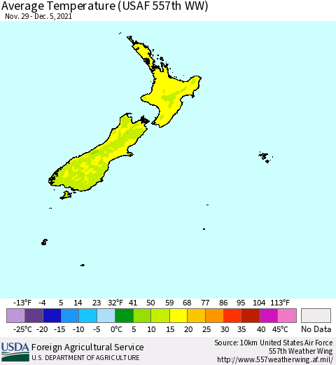 New Zealand Average Temperature (USAF 557th WW) Thematic Map For 11/29/2021 - 12/5/2021