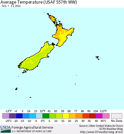 New Zealand Average Temperature (USAF 557th WW) Thematic Map For 2/7/2022 - 2/13/2022