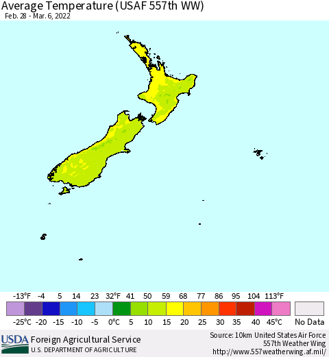 New Zealand Average Temperature (USAF 557th WW) Thematic Map For 2/28/2022 - 3/6/2022