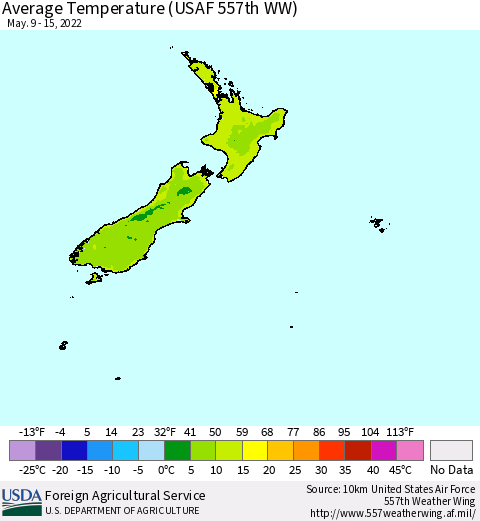 New Zealand Average Temperature (USAF 557th WW) Thematic Map For 5/9/2022 - 5/15/2022