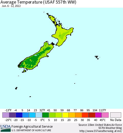 New Zealand Average Temperature (USAF 557th WW) Thematic Map For 6/6/2022 - 6/12/2022