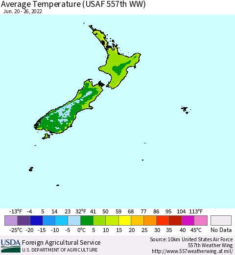 New Zealand Average Temperature (USAF 557th WW) Thematic Map For 6/20/2022 - 6/26/2022