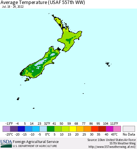 New Zealand Average Temperature (USAF 557th WW) Thematic Map For 7/18/2022 - 7/24/2022