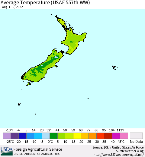 New Zealand Average Temperature (USAF 557th WW) Thematic Map For 8/1/2022 - 8/7/2022